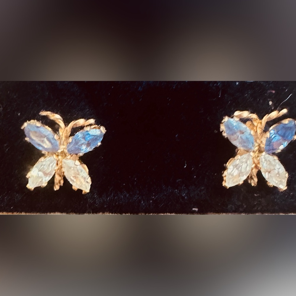 14K Solid Gold Butterfly Stud Earrings with Blue & Clear CZ Stones - Picture 2 of 4